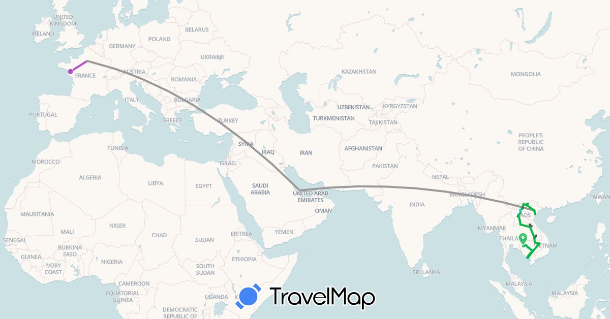 TravelMap itinerary: driving, bus, plane, train, boat, motorbike in France, Cambodia, Laos, Qatar, Vietnam (Asia, Europe)